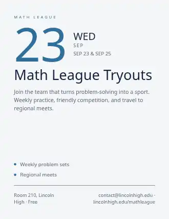 Math League Tryouts — School Clubs flyer template