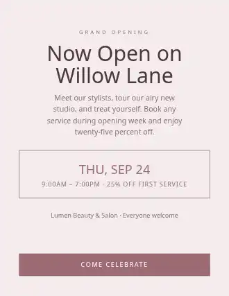 Now Open on Willow Lane — Grand Openings template