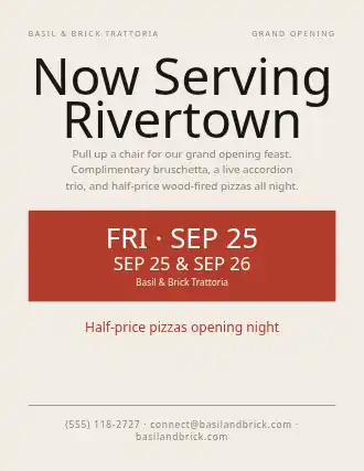 Now Serving Rivertown — Grand Openings flyer template