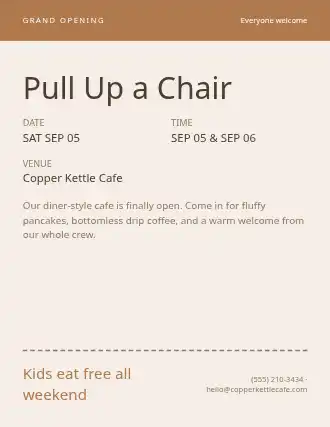 Pull Up a Chair — Grand Openings flyer template