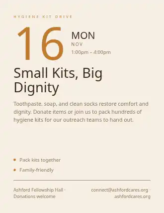 Small Kits, Big Dignity — Homeless Shelters flyer template