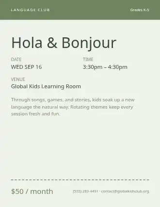 Hola & Bonjour — After School Programs flyer template