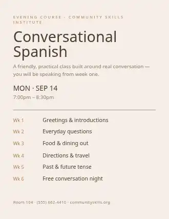 Conversational Spanish — Adult Classes flyer template