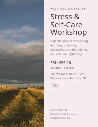 Stress & Self-Care Workshop — Mental Health flyer template
