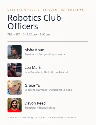 Robotics Club Officers — School Clubs flyer template