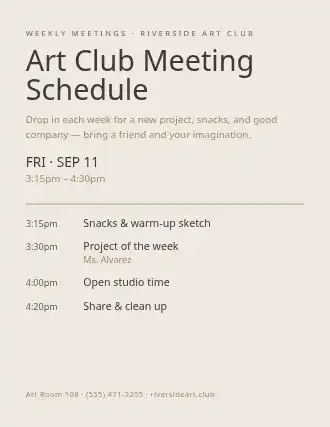 Art Club Meeting Schedule — School Clubs flyer template