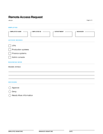 Remote Access Request — Remote & Equipment template