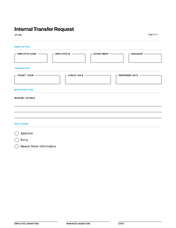 Internal Transfer Request — Work Arrangements form template