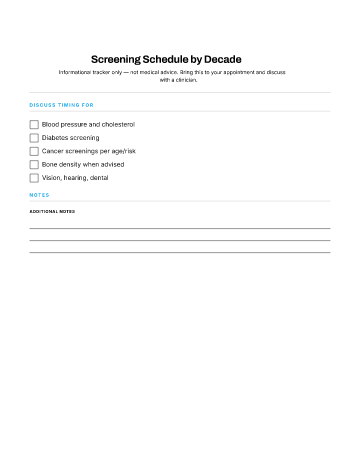 Screening Schedule by Decade — Preventive checklist template