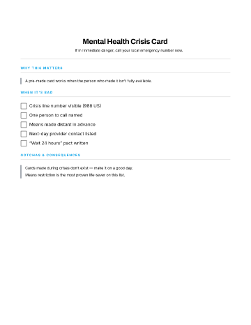 Mental Health Crisis Card — When to Seek Care checklist template