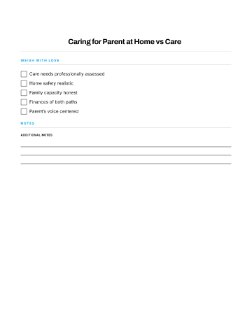Caring for Parent at Home vs Care — Family template