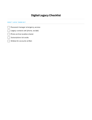 Digital Legacy Checklist — End-of-Life Planning checklist template