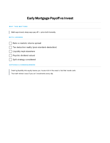 Early Mortgage Payoff vs Invest — Money checklist template