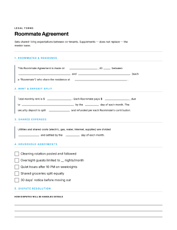 Roommate Agreement — Leases & Rentals template