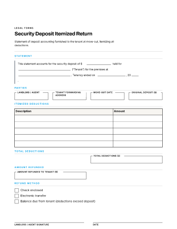Security Deposit Itemized Return — Landlord & Tenant Notices form template
