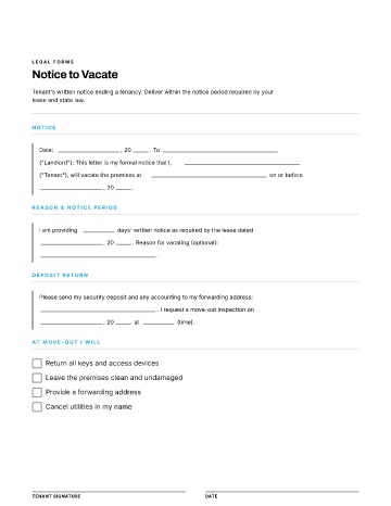 Notice to Vacate — Landlord & Tenant Notices template