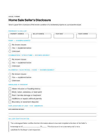 Home Sale Seller's Disclosure — Property & Homeownership template