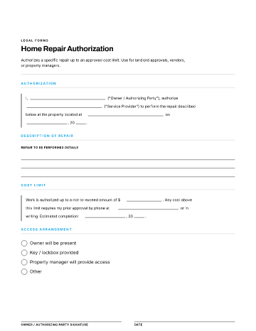 Home Repair Authorization — Property & Homeownership template