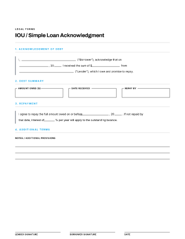 IOU / Simple Loan Acknowledgment — Lending & Debt form template