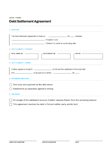 Debt Settlement Agreement — Lending & Debt form template