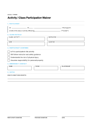 Activity / Class Participation Waiver — Customer & Client template