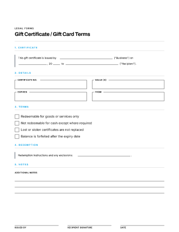 Gift Certificate / Gift Card Terms — Customer & Client template