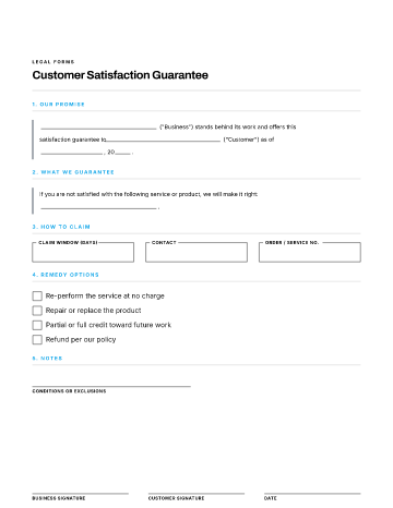 Customer Satisfaction Guarantee — Customer & Client form template