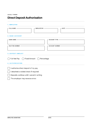 Direct Deposit Authorization — Employees & HR form template