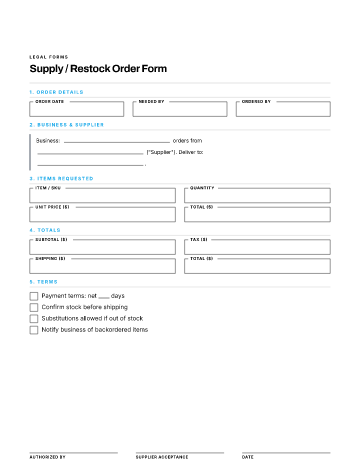 Supply / Restock Order Form — Business Operations & Sales template