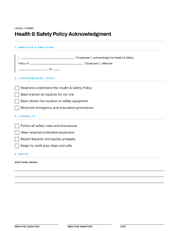 Health & Safety Policy Acknowledgment — Business Operations & Sales form template