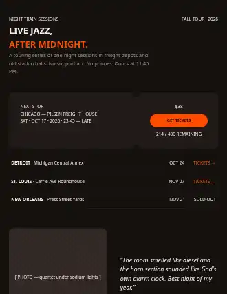 NIGHT TRAIN SESSIONS — ticket landing — Events template