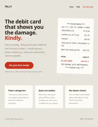 TALLY — receipt landing — Fintech template