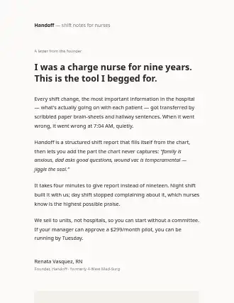 Handoff — founder-letter landing — Healthtech html5 landing page template