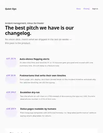 Quiet Ops — changelog landing — Devtools html5 landing page template