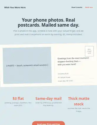 Wish You Were Here — postcard landing — Consumer-App template