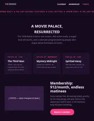 THE REWIND — marquee landing — Entertainment-Venue html5 landing page template