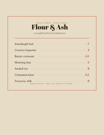 Flour & Ash — Menu — Bakery form template