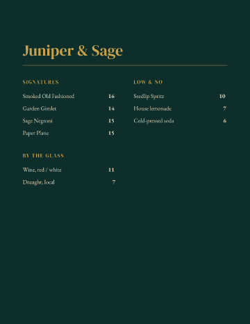 Juniper & Sage — Menu — Cocktail Bar form template