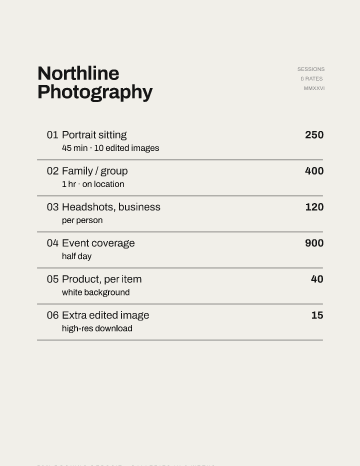 Northline Photography — Menu — Photographer form template