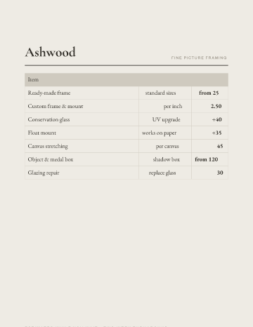 Ashwood — Menu — Picture Framing form template