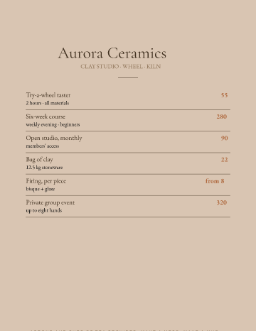 Aurora Ceramics — Menu — Pottery Studio form template