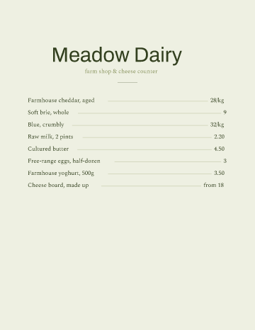 Meadow Dairy — Menu — Cheesemonger form template