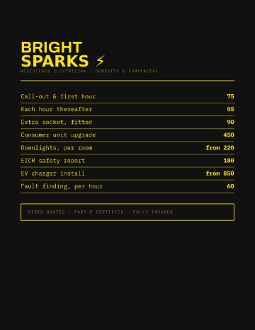 Bright Sparks — Menu — Electrician form template