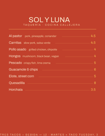 Sol y Luna — Menu — Taqueria form template