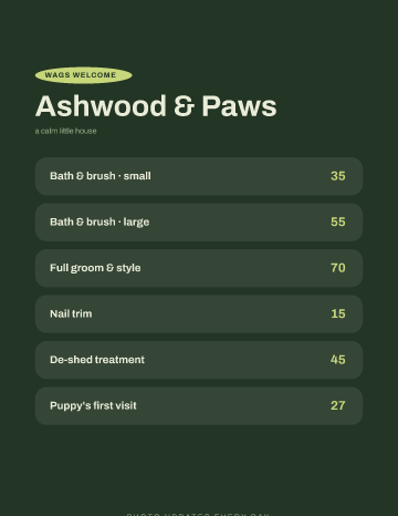 Ashwood & Paws — Menu — Pet Grooming form template
