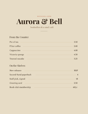 Aurora & Bell — Menu — Bookshop Café template