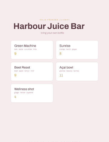 Harbour Juice Bar — Menu — Juice Bar form template