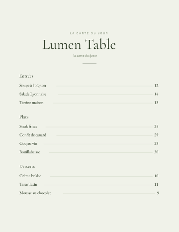 Lumen Table — Menu — Bistro template