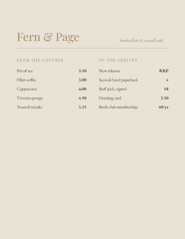 Fern & Page — Menu — Bookshop Café template