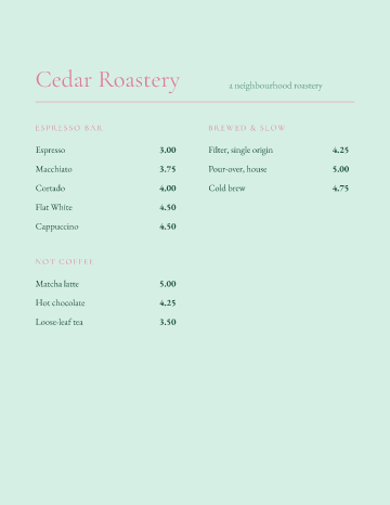 Cedar Roastery — Menu — Café template